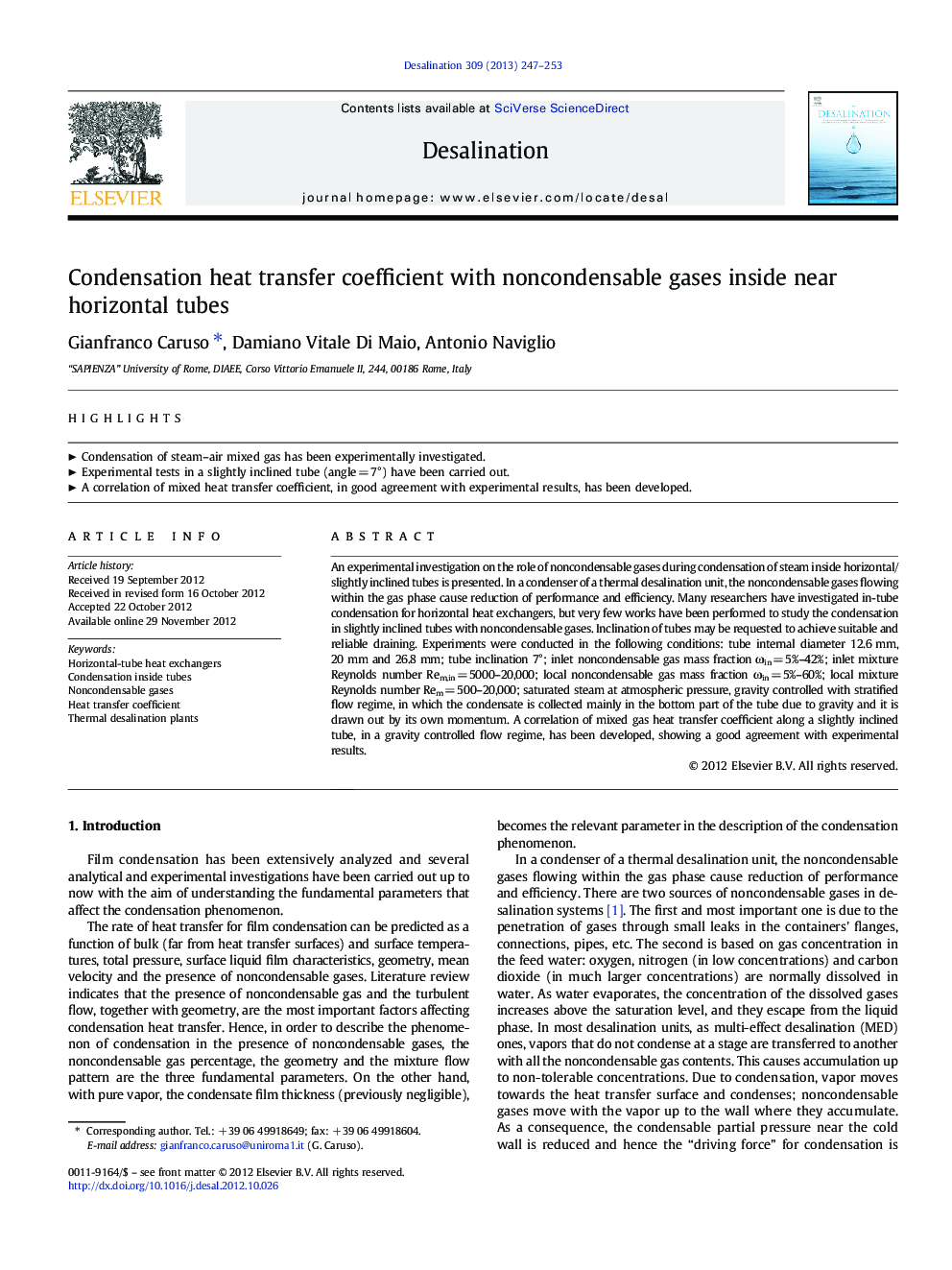 Condensation heat transfer coefficient with noncondensable gases inside near horizontal tubes