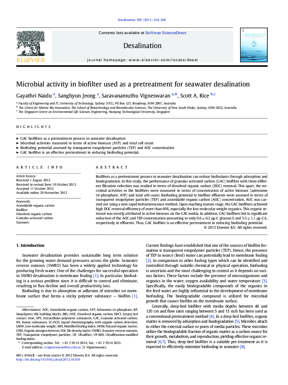 Microbial activity in biofilter used as a pretreatment for seawater desalination