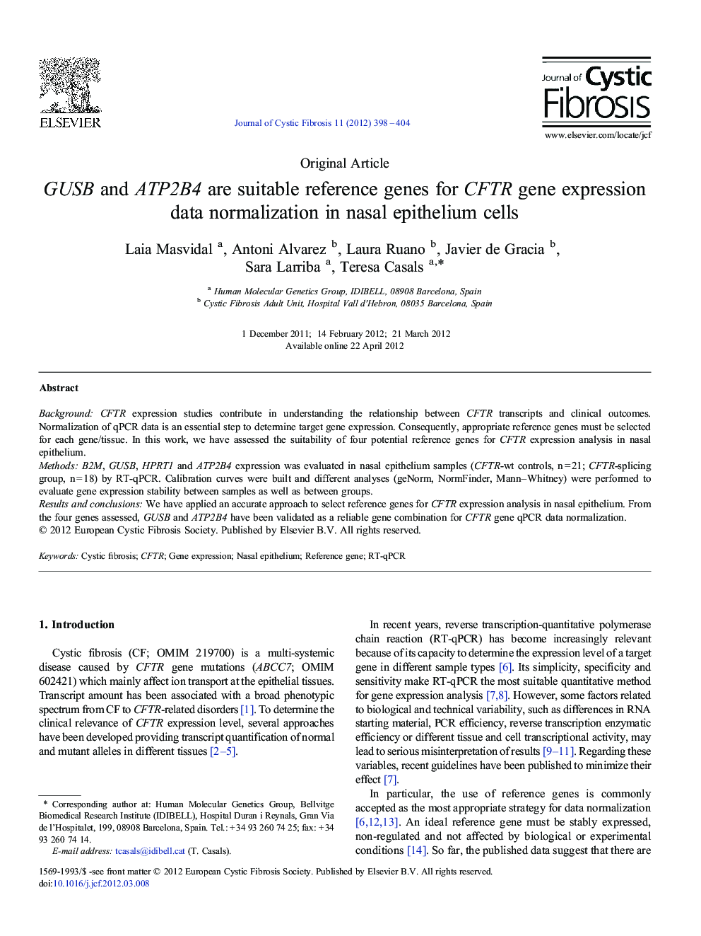GUSB and ATP2B4 are suitable reference genes for CFTR gene expression data normalization in nasal epithelium cells