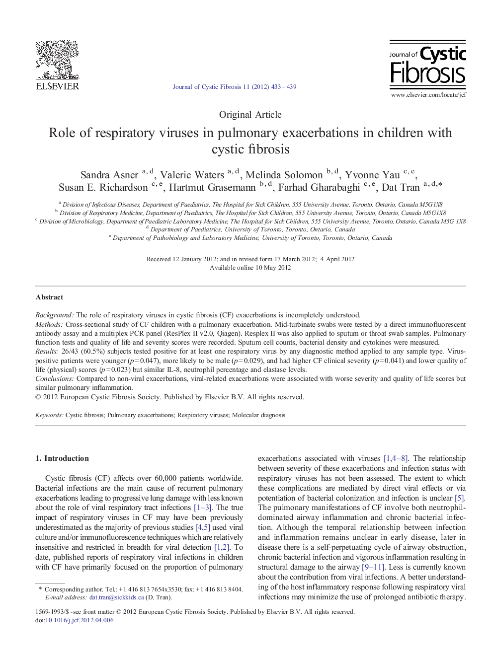 Role of respiratory viruses in pulmonary exacerbations in children with cystic fibrosis