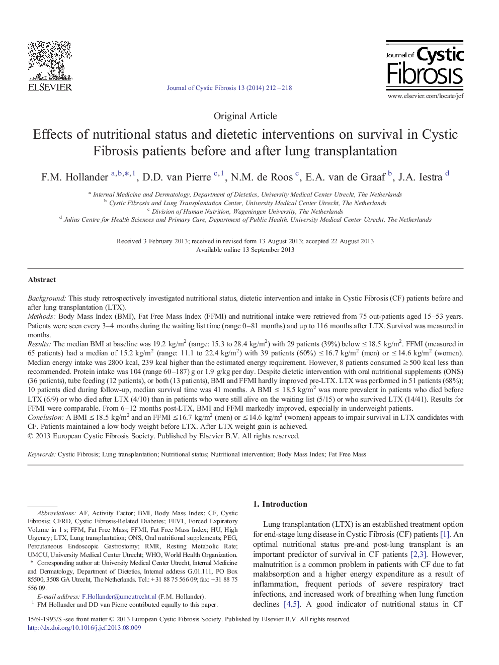 Effects of nutritional status and dietetic interventions on survival in Cystic Fibrosis patients before and after lung transplantation