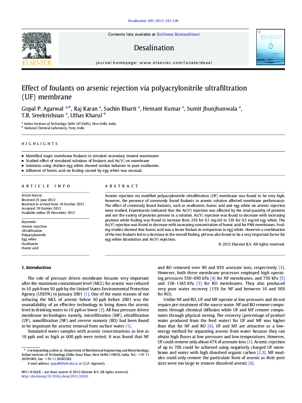 Effect of foulants on arsenic rejection via polyacrylonitrile ultrafiltration (UF) membrane