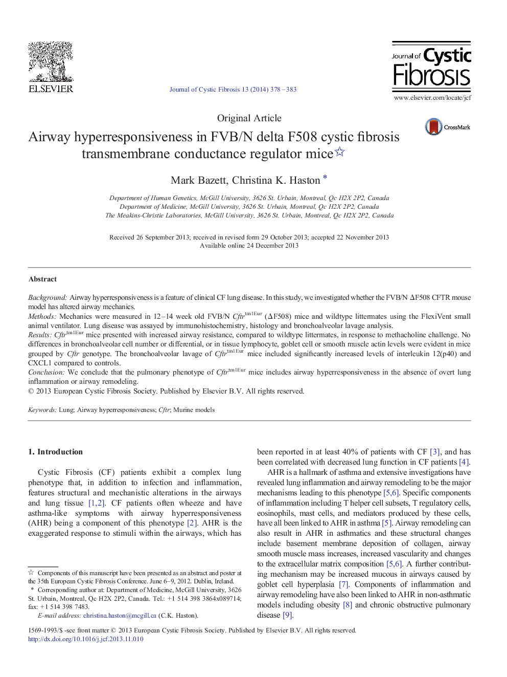 Airway hyperresponsiveness in FVB/N delta F508 cystic fibrosis transmembrane conductance regulator mice