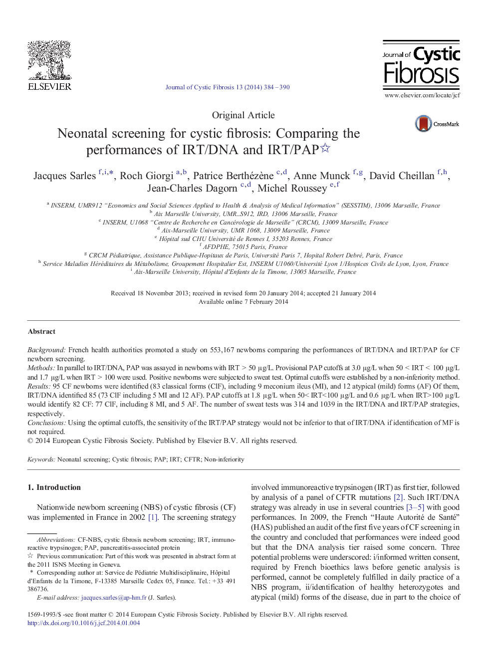 Neonatal screening for cystic fibrosis: Comparing the performances of IRT/DNA and IRT/PAP