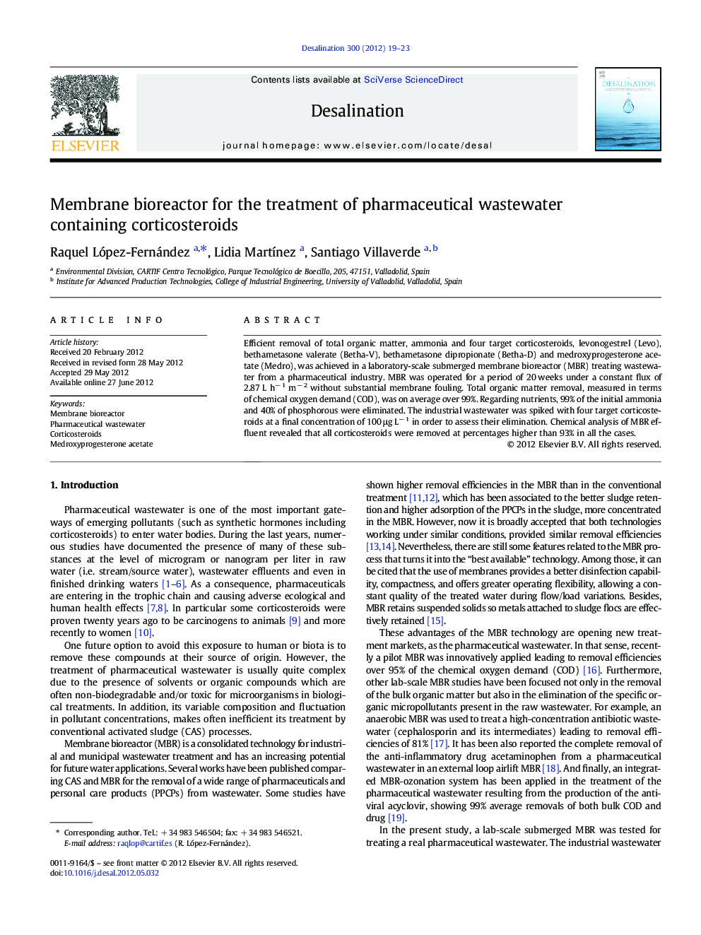 Membrane bioreactor for the treatment of pharmaceutical wastewater containing corticosteroids