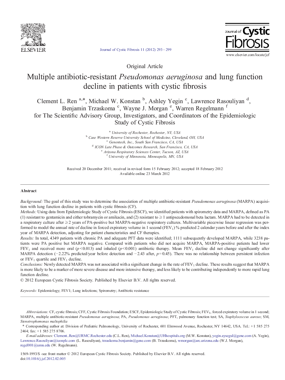 Multiple antibiotic-resistant Pseudomonas aeruginosa and lung function decline in patients with cystic fibrosis