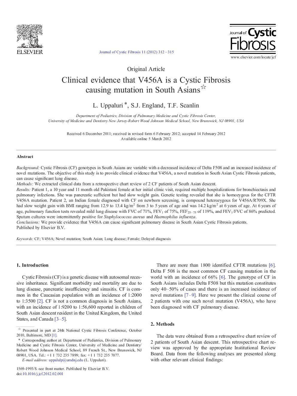 Clinical evidence that V456A is a Cystic Fibrosis causing mutation in South Asians