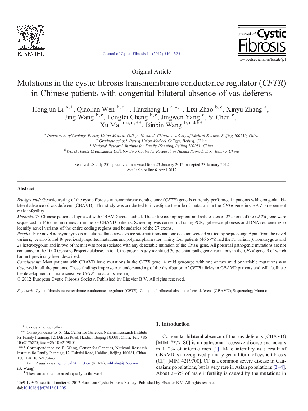 Mutations in the cystic fibrosis transmembrane conductance regulator (CFTR) in Chinese patients with congenital bilateral absence of vas deferens