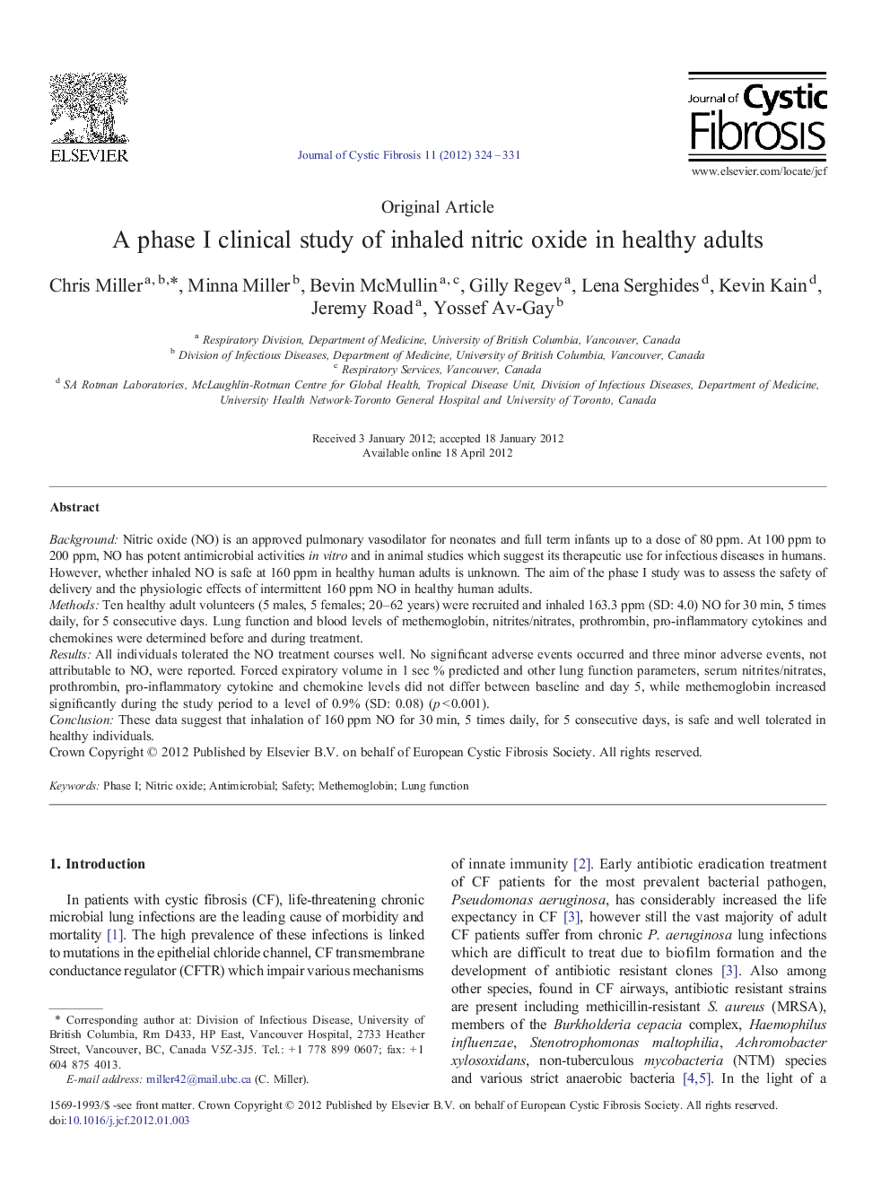 A phase I clinical study of inhaled nitric oxide in healthy adults