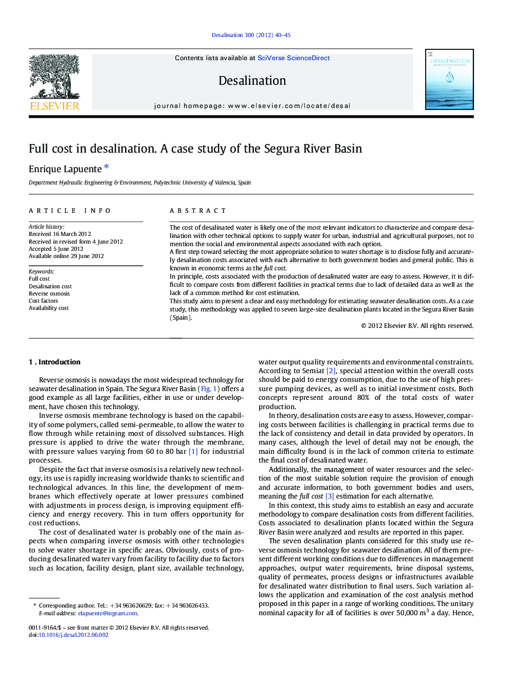 Full cost in desalination. A case study of the Segura River Basin