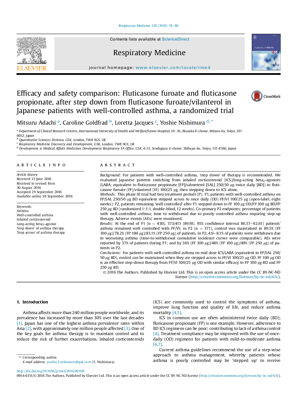 Efficacy and safety comparison: Fluticasone furoate and fluticasone propionate, after step down from fluticasone furoate/vilanterol in Japanese patients with well-controlled asthma, a randomized trial