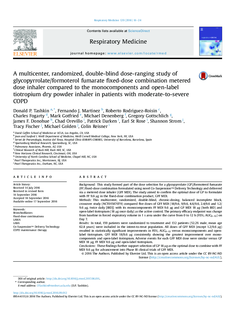 A multicenter, randomized, double-blind dose-ranging study of glycopyrrolate/formoterol fumarate fixed-dose combination metered dose inhaler compared to the monocomponents and open-label tiotropium dry powder inhaler in patients with moderate-to-severe CO