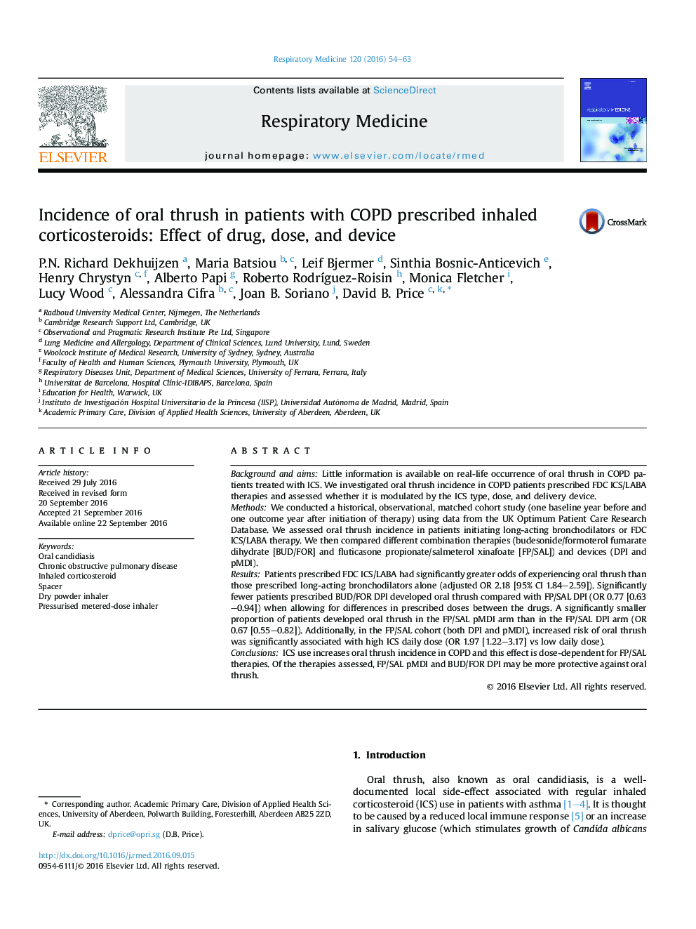 Incidence of oral thrush in patients with COPD prescribed inhaled corticosteroids: Effect of drug, dose, and device