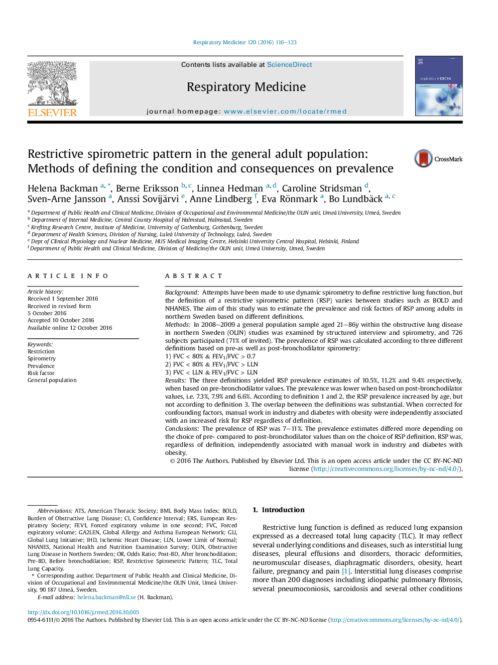 Restrictive spirometric pattern in the general adult population: Methods of defining the condition and consequences on prevalence