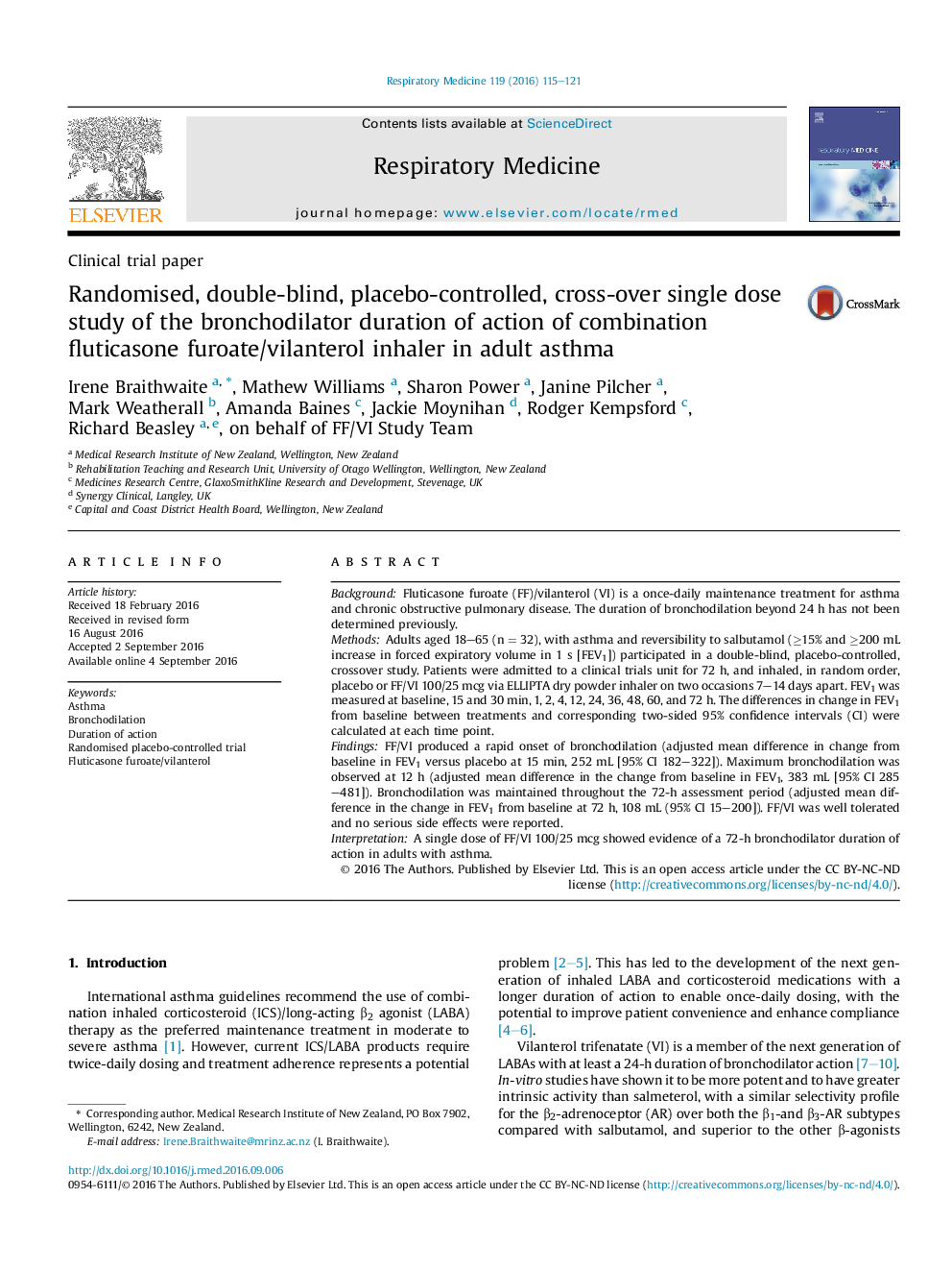 Randomised, double-blind, placebo-controlled, cross-over single dose study of the bronchodilator duration of action of combination fluticasone furoate/vilanterol inhaler in adult asthma