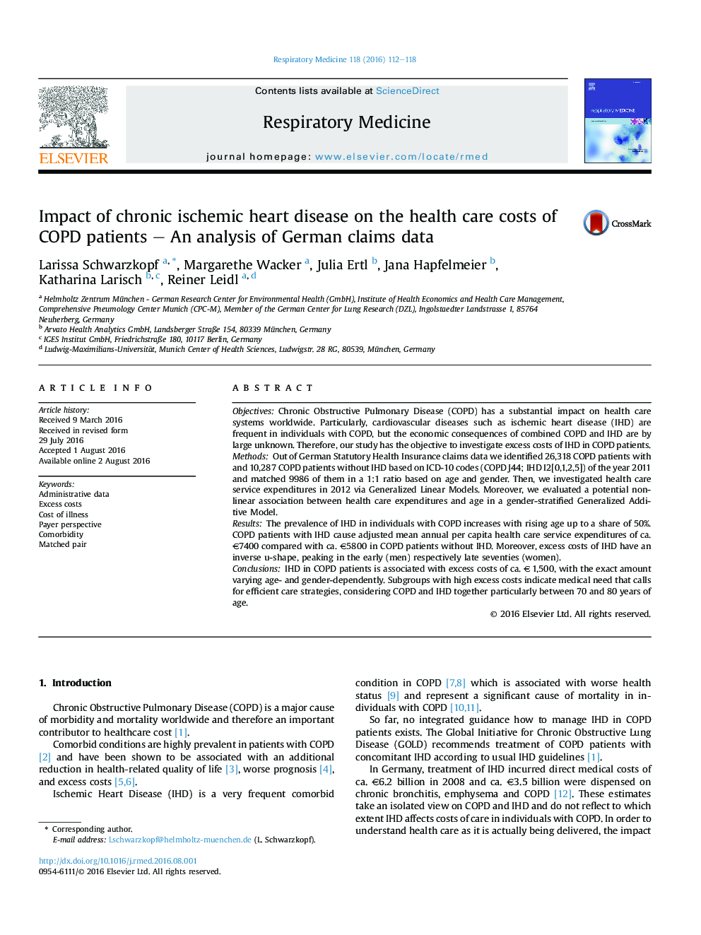 Impact of chronic ischemic heart disease on the health care costs of COPD patients - An analysis of German claims data