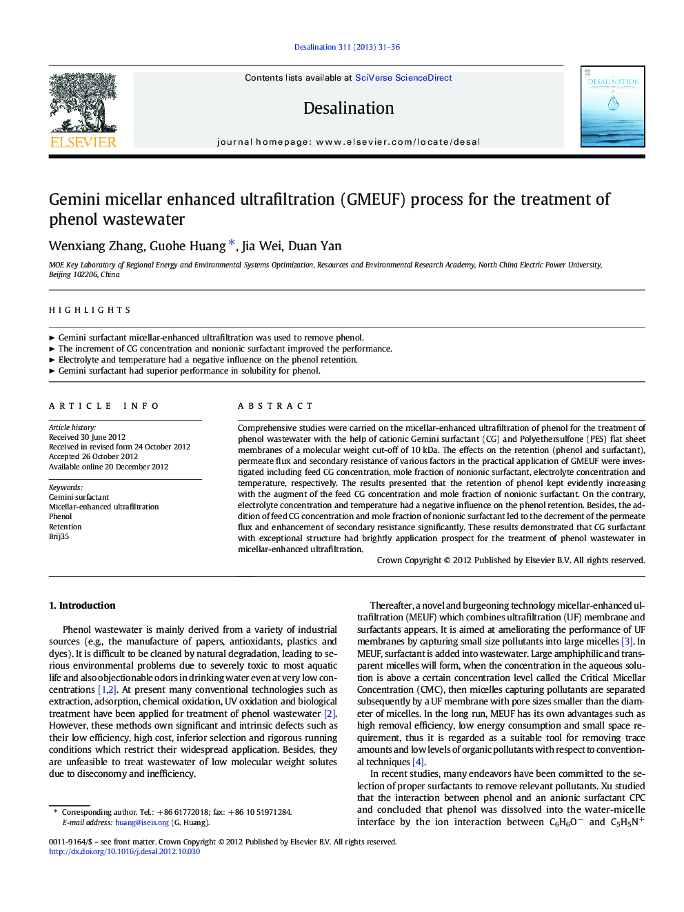 Gemini micellar enhanced ultrafiltration (GMEUF) process for the treatment of phenol wastewater