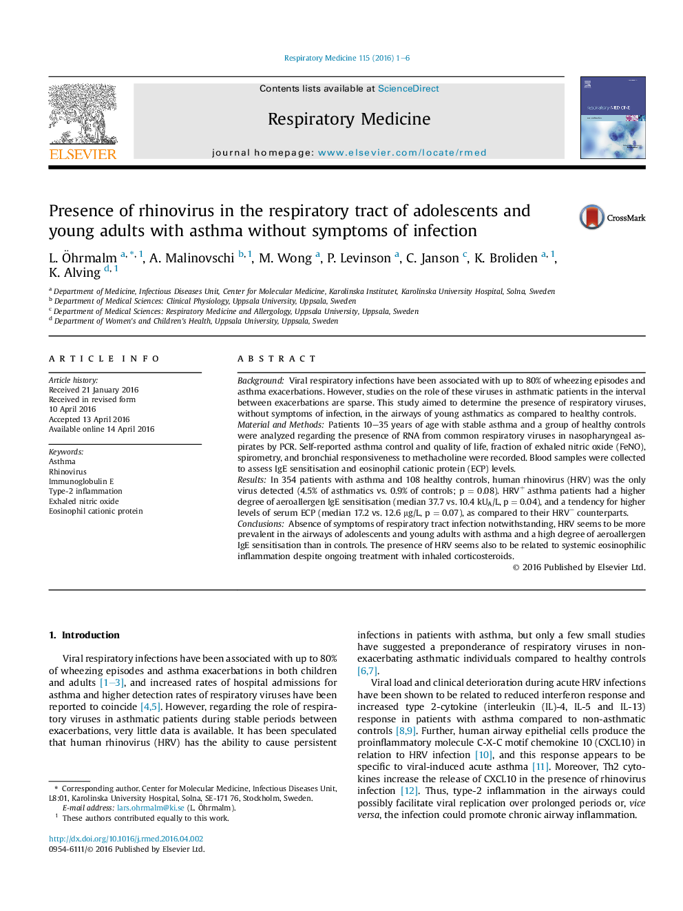 Presence of rhinovirus in the respiratory tract of adolescents and young adults with asthma without symptoms of infection