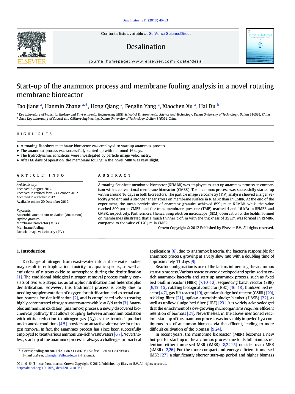 Start-up of the anammox process and membrane fouling analysis in a novel rotating membrane bioreactor