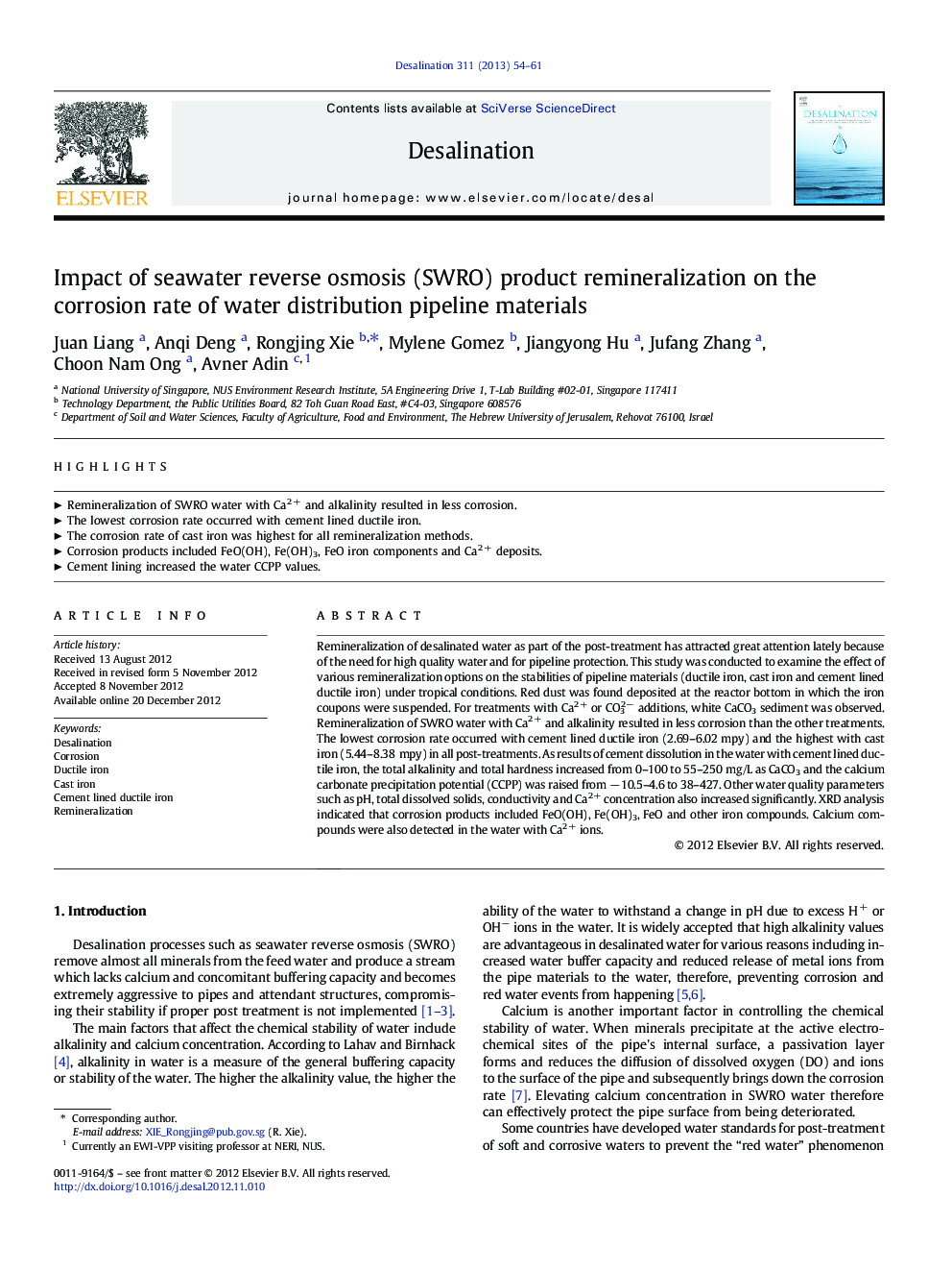 Impact of seawater reverse osmosis (SWRO) product remineralization on the corrosion rate of water distribution pipeline materials