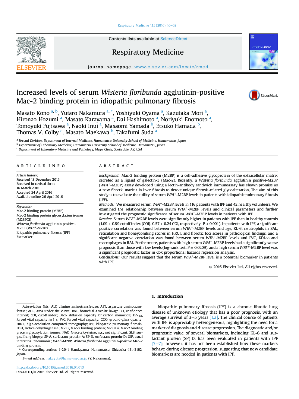 Increased levels of serum Wisteria floribunda agglutinin-positive Mac-2 binding protein in idiopathic pulmonary fibrosis