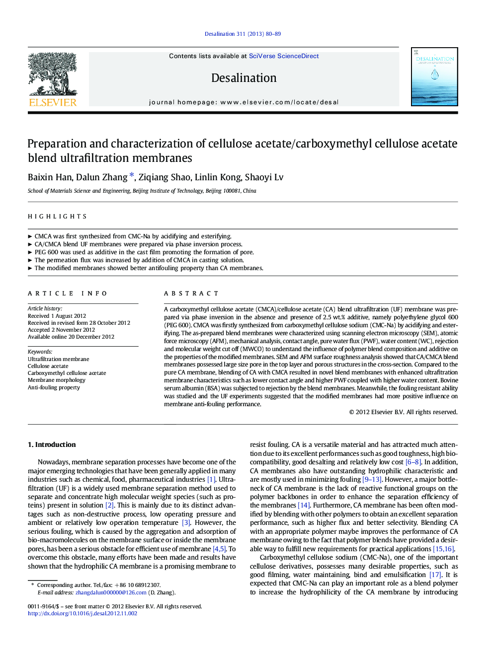 Preparation and characterization of cellulose acetate/carboxymethyl cellulose acetate blend ultrafiltration membranes