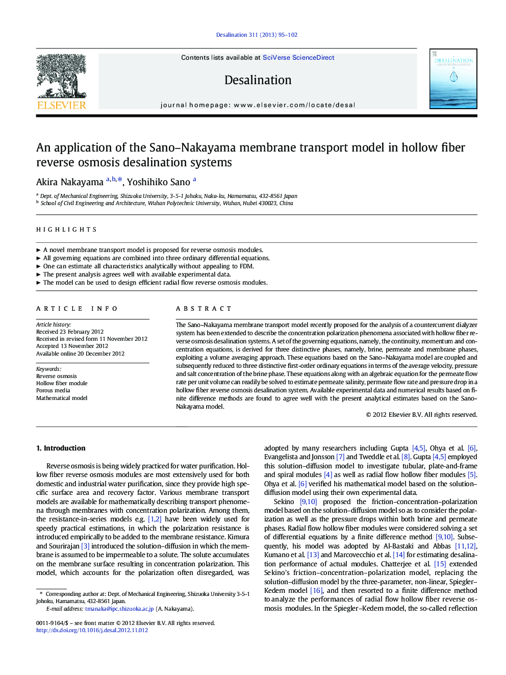 An application of the Sano–Nakayama membrane transport model in hollow fiber reverse osmosis desalination systems