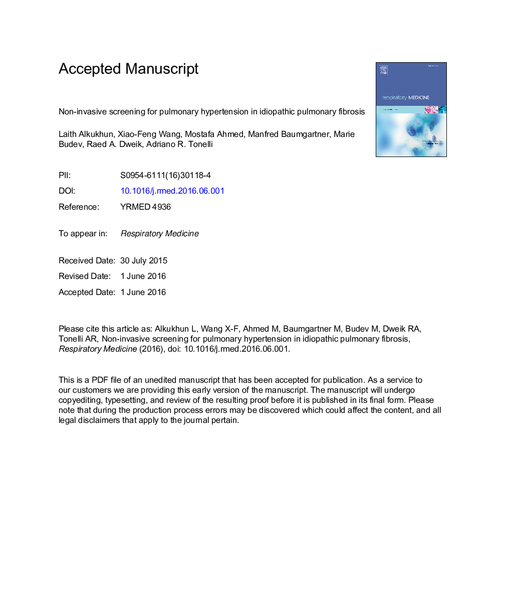 Non-invasive screening for pulmonary hypertension in idiopathic pulmonary fibrosis