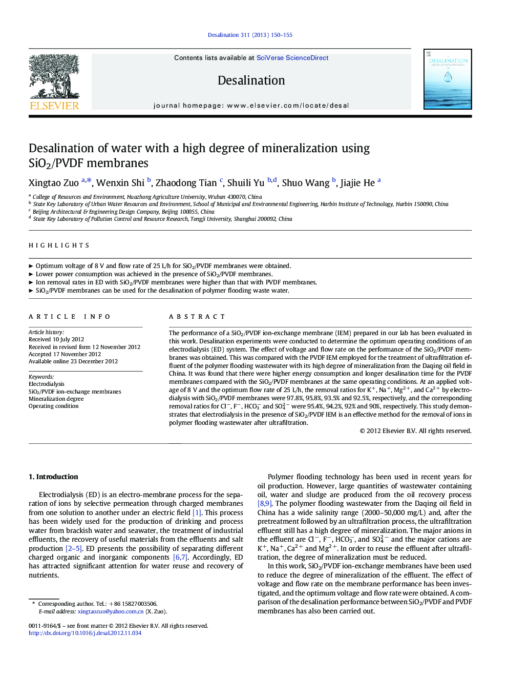 Desalination of water with a high degree of mineralization using SiO2/PVDF membranes
