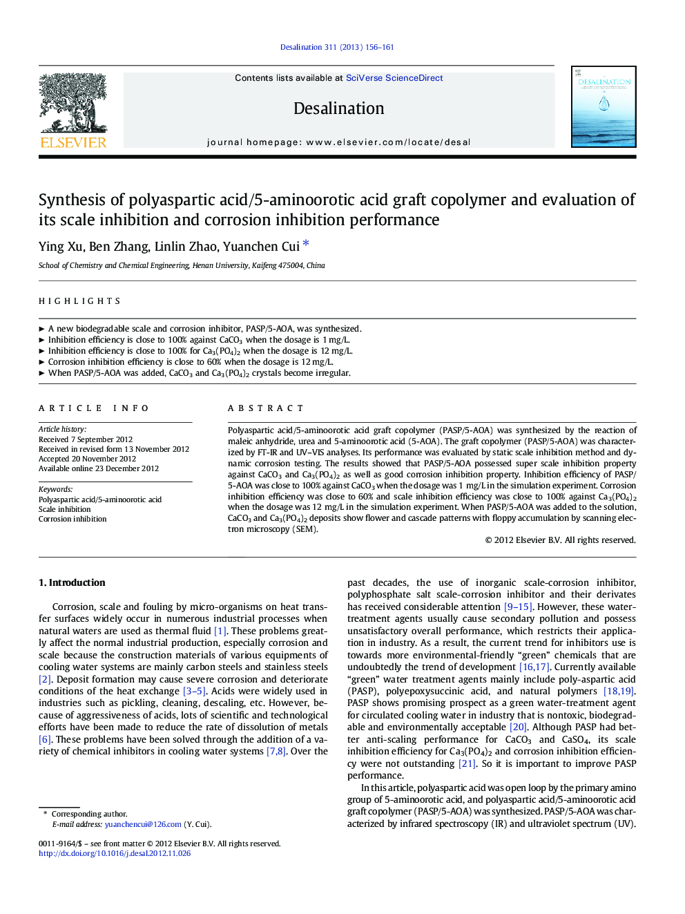 Synthesis of polyaspartic acid/5-aminoorotic acid graft copolymer and evaluation of its scale inhibition and corrosion inhibition performance