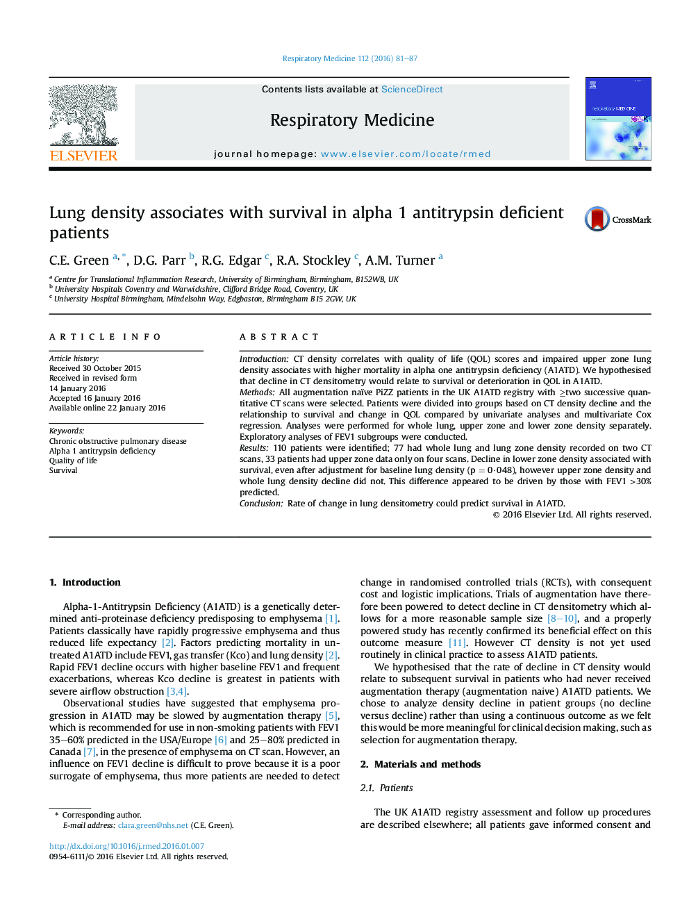 Lung density associates with survival in alpha 1 antitrypsin deficient patients