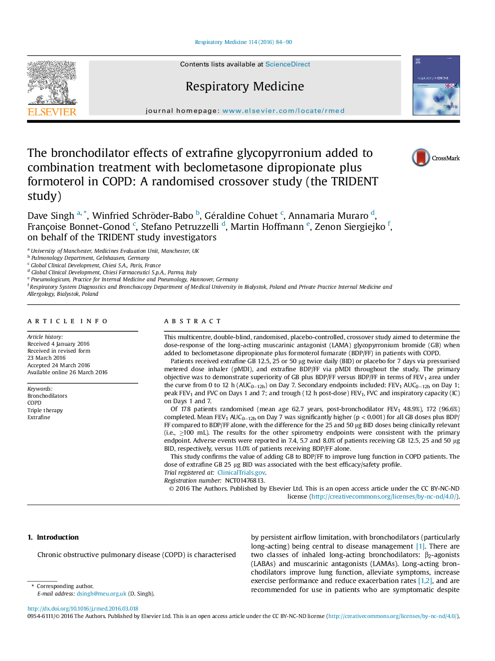 The bronchodilator effects of extrafine glycopyrronium added to combination treatment with beclometasone dipropionate plus formoterol in COPD: A randomised crossover study (the TRIDENT study)