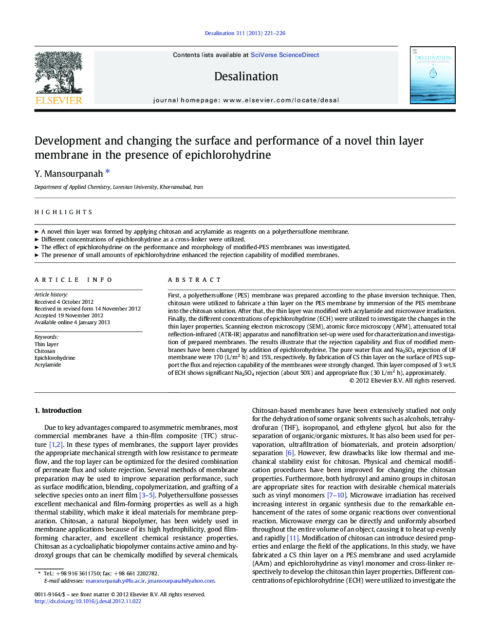 Development and changing the surface and performance of a novel thin layer membrane in the presence of epichlorohydrine