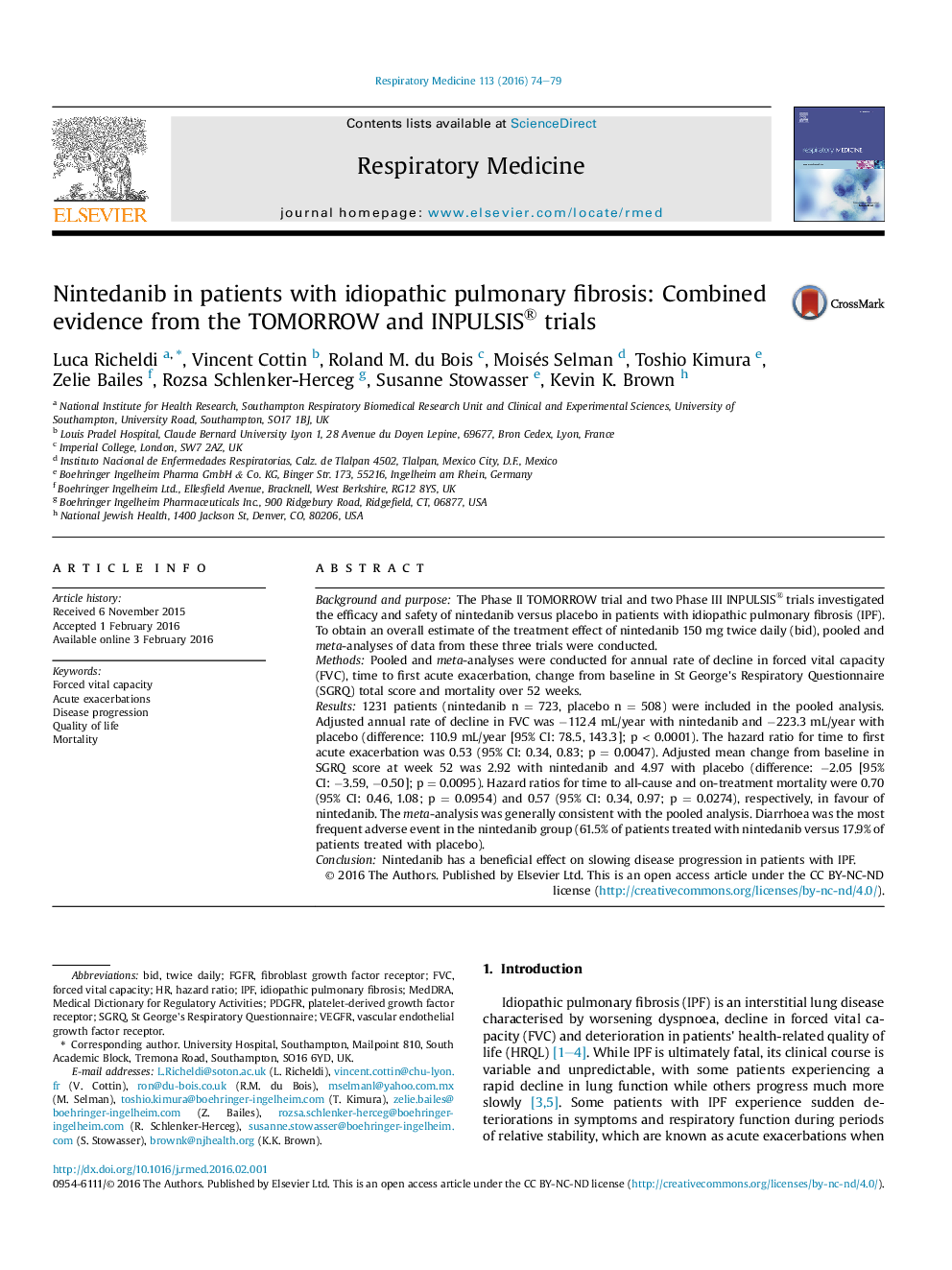 عکس صفحه اول مقاله: Nintedanib in patients with idiopathic pulmonary fibrosis: Combined evidence from the TOMORROW and INPULSIS® trials Nintedanib in patients with idiopathic pulmonary fibrosis: Combined evidence from the TOMORROW and INPULSIS® trials