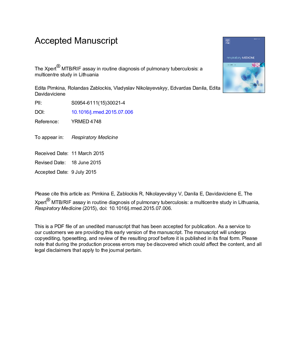 عکس صفحه اول مقاله: The Xpert® MTB/RIF assay in routine diagnosis of pulmonary tuberculosis: A multicentre study in Lithuania The Xpert® MTB/RIF assay in routine diagnosis of pulmonary tuberculosis: A multicentre study in Lithuania