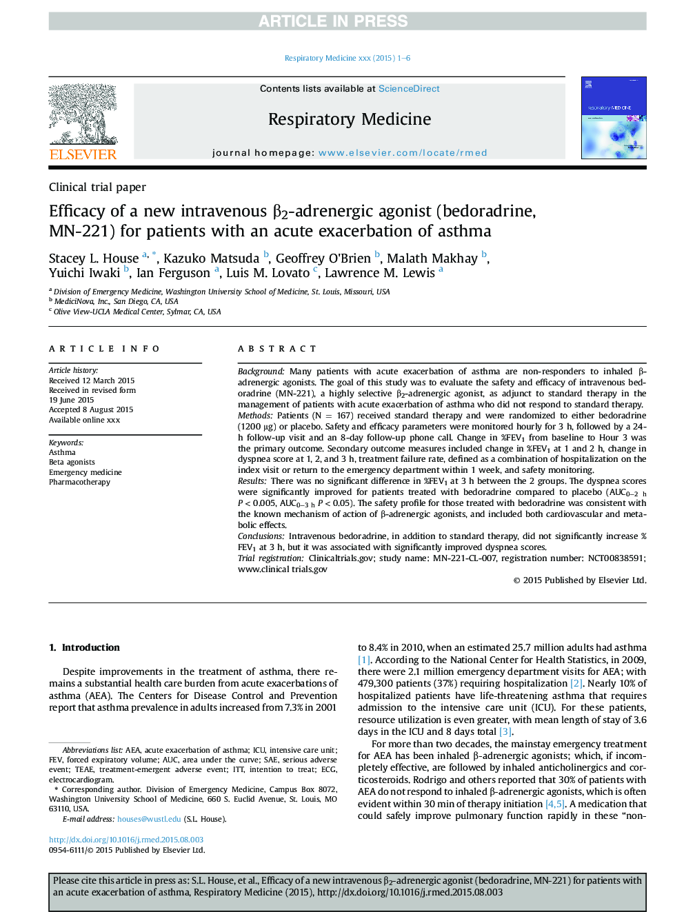 Efficacy of a new intravenous Î²2-adrenergic agonist (bedoradrine, MN-221) for patients with an acute exacerbation of asthma