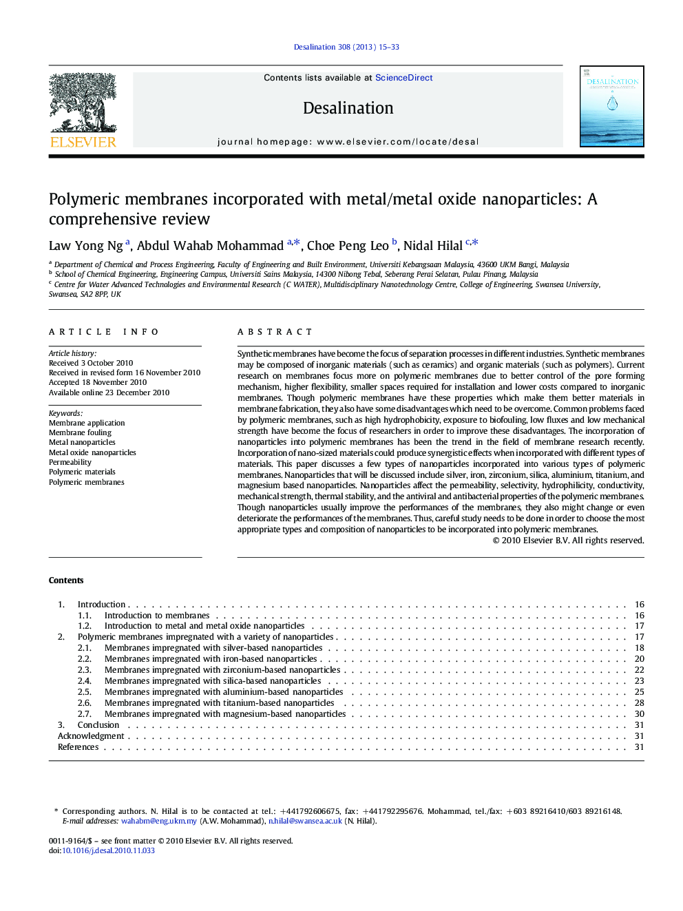 Polymeric membranes incorporated with metal/metal oxide nanoparticles: A comprehensive review