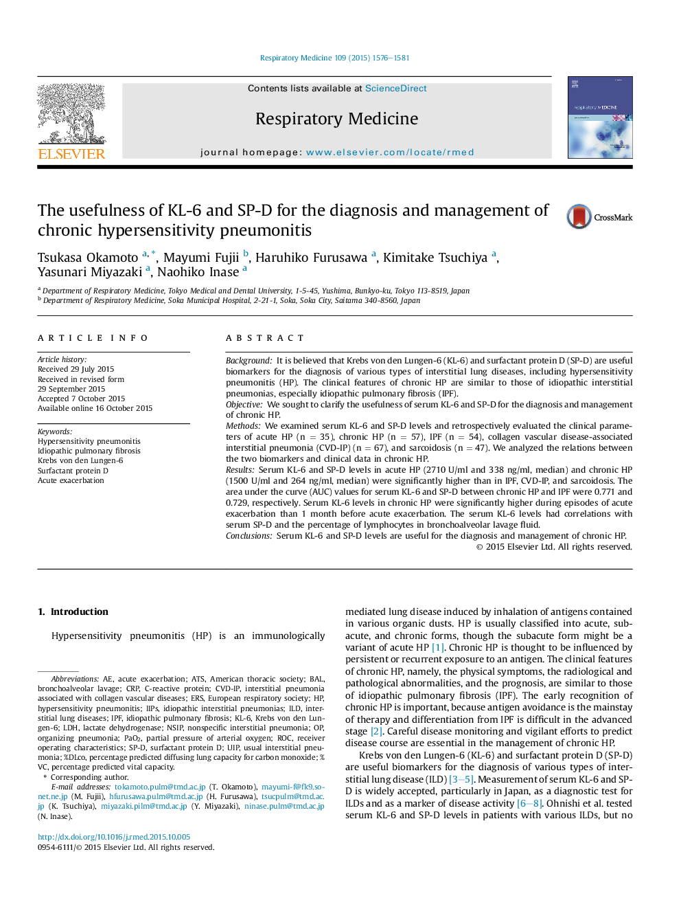 The usefulness of KL-6 and SP-D for the diagnosis and management of chronic hypersensitivity pneumonitis