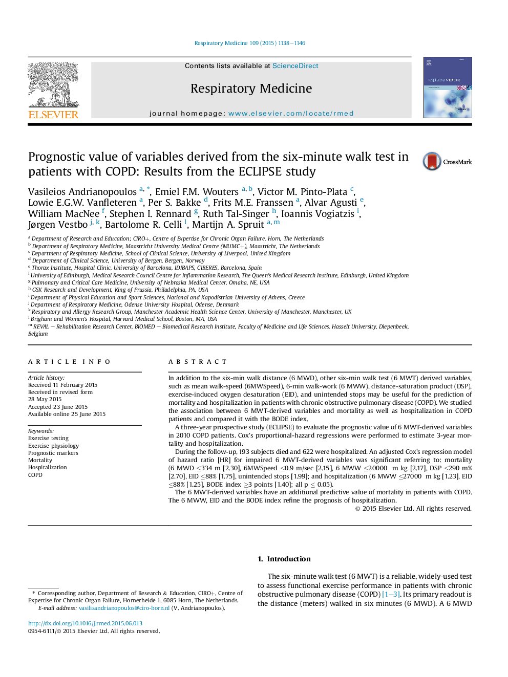 Prognostic value of variables derived from the six-minute walk test in patients with COPD: Results from the ECLIPSE study