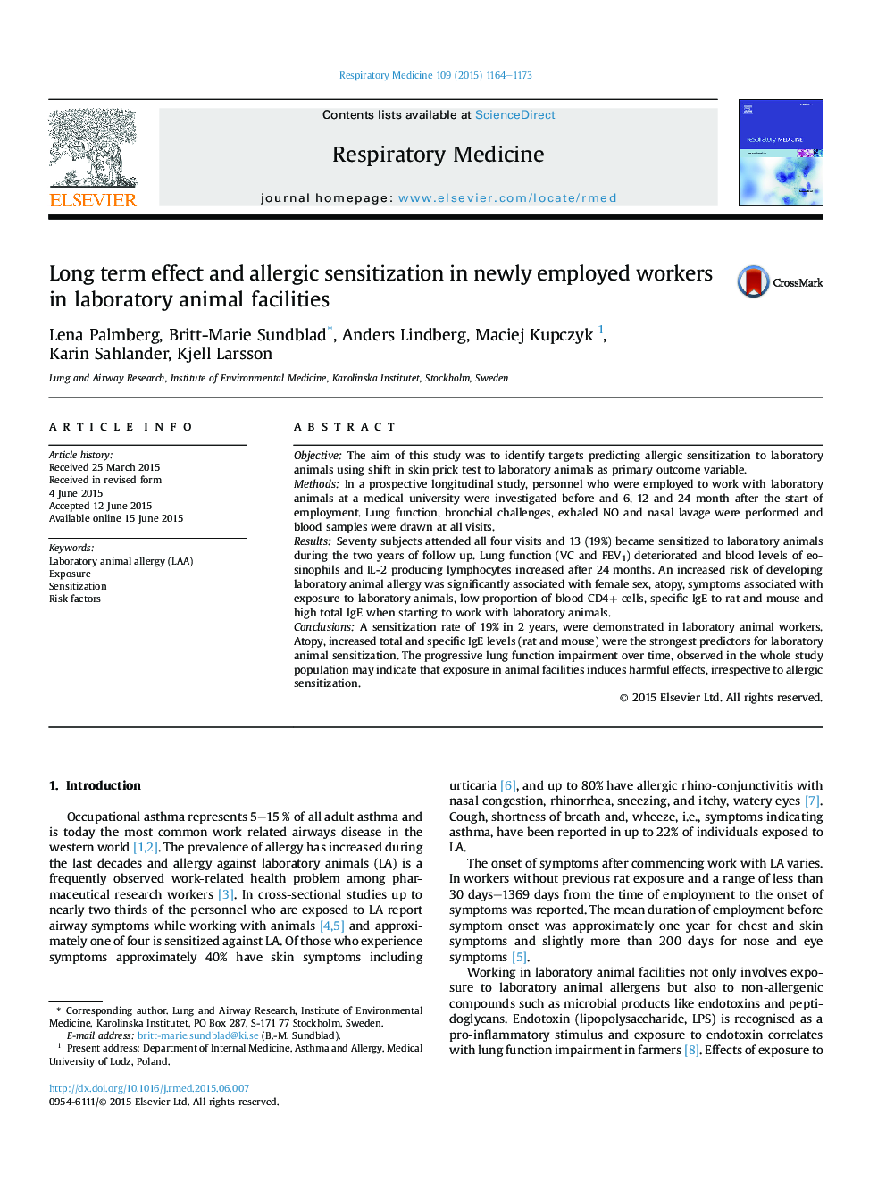 Long term effect and allergic sensitization in newly employed workers in laboratory animal facilities