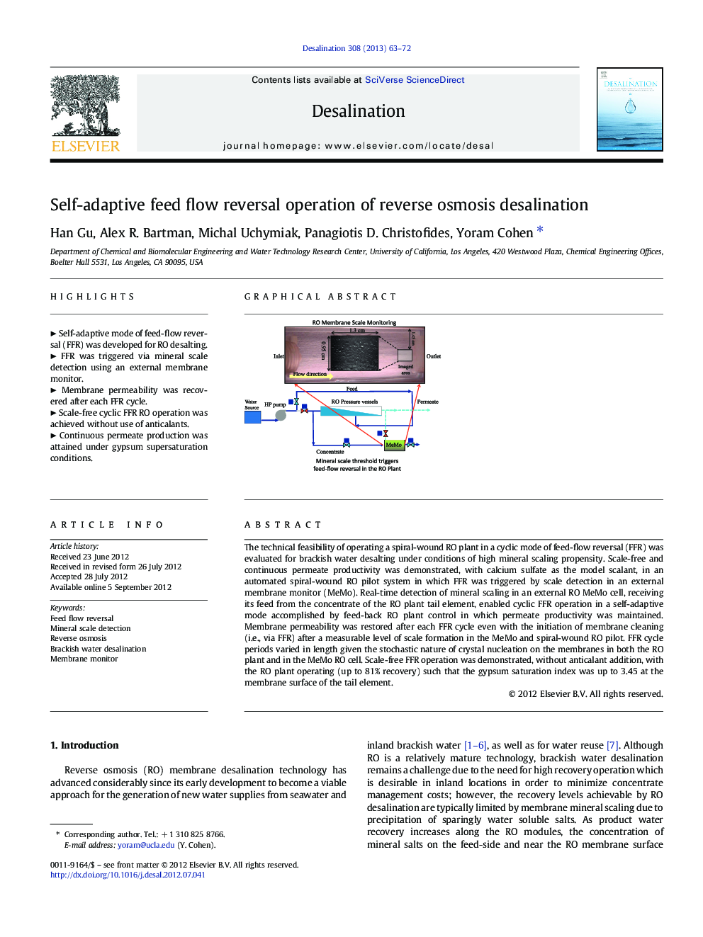 Self-adaptive feed flow reversal operation of reverse osmosis desalination