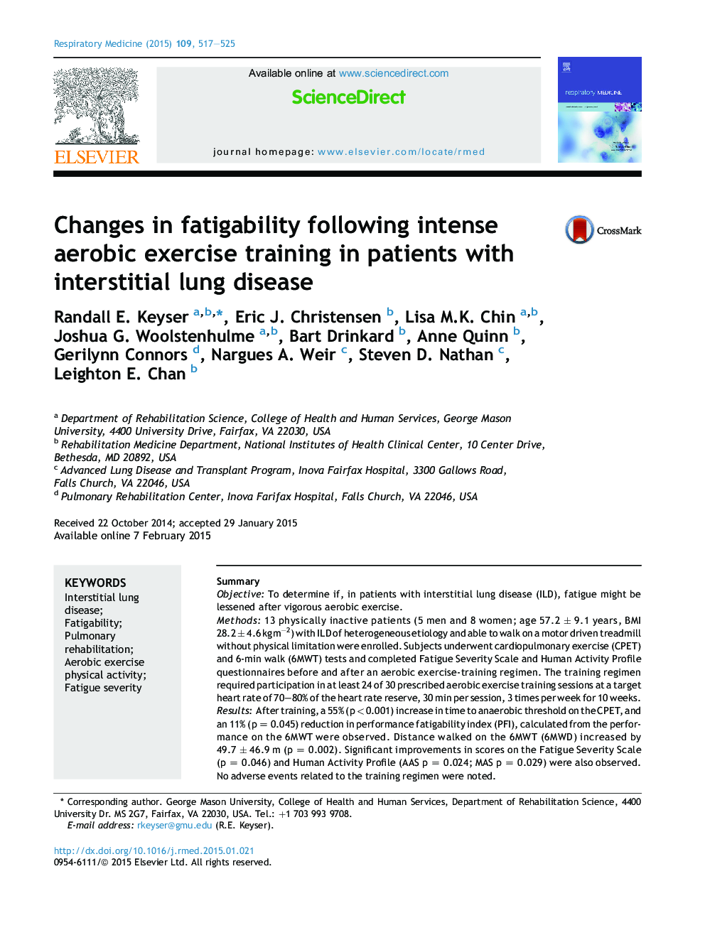 Changes in fatigability following intense aerobic exercise training in patients with interstitial lung disease