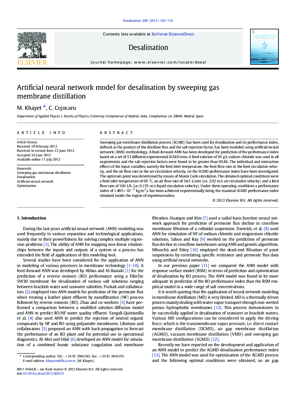 Artificial neural network model for desalination by sweeping gas membrane distillation