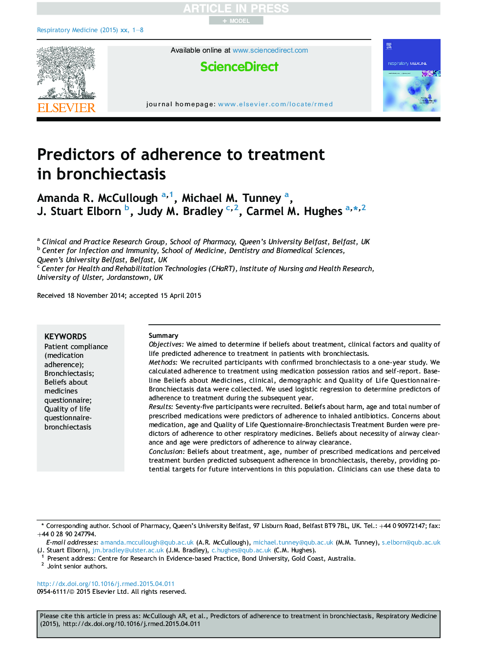 Predictors of adherence to treatment inÂ bronchiectasis