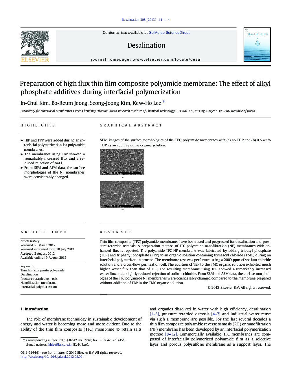 Preparation of high flux thin film composite polyamide membrane: The effect of alkyl phosphate additives during interfacial polymerization