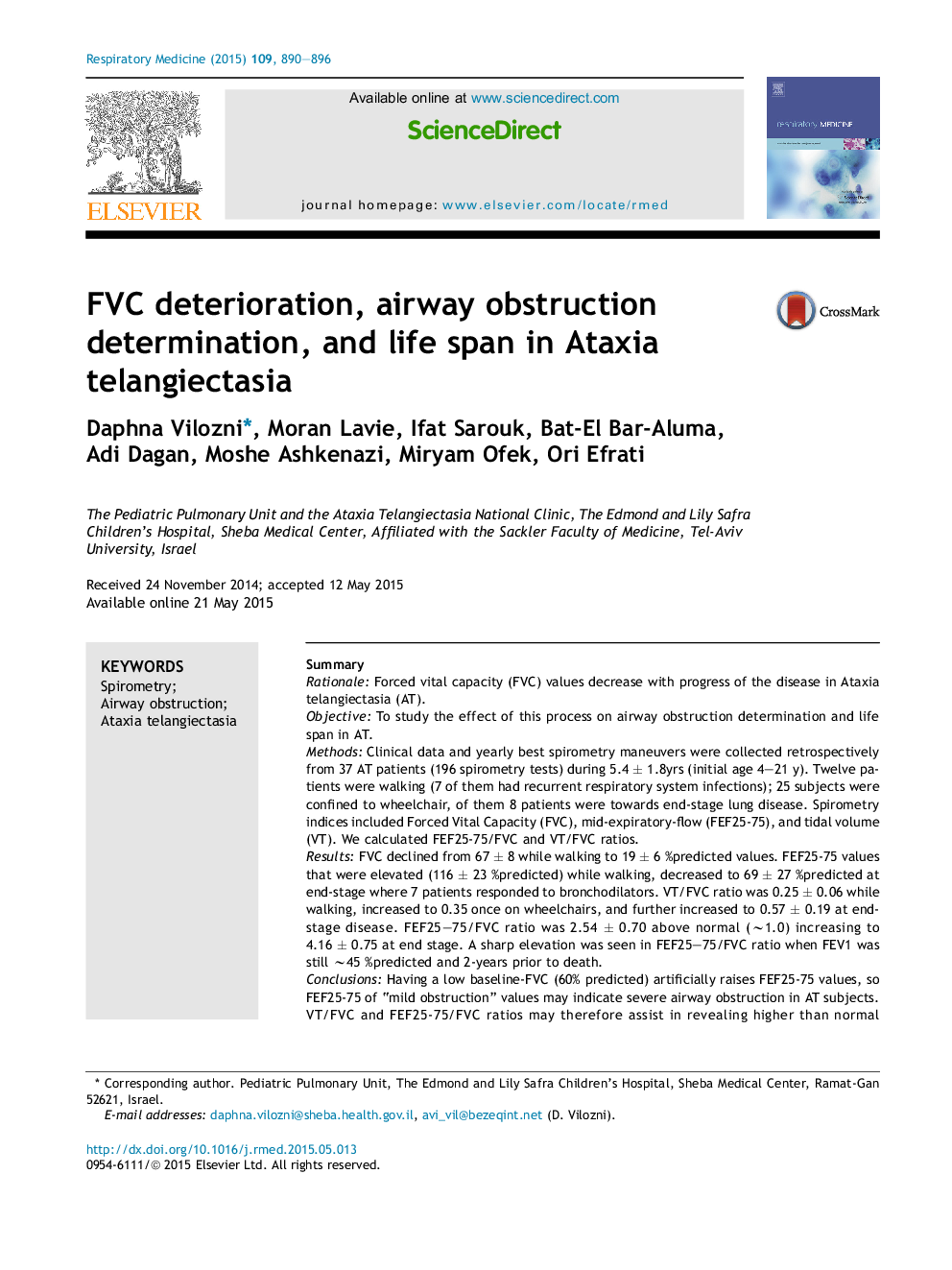 FVC deterioration, airway obstruction determination, and life span in Ataxia telangiectasia