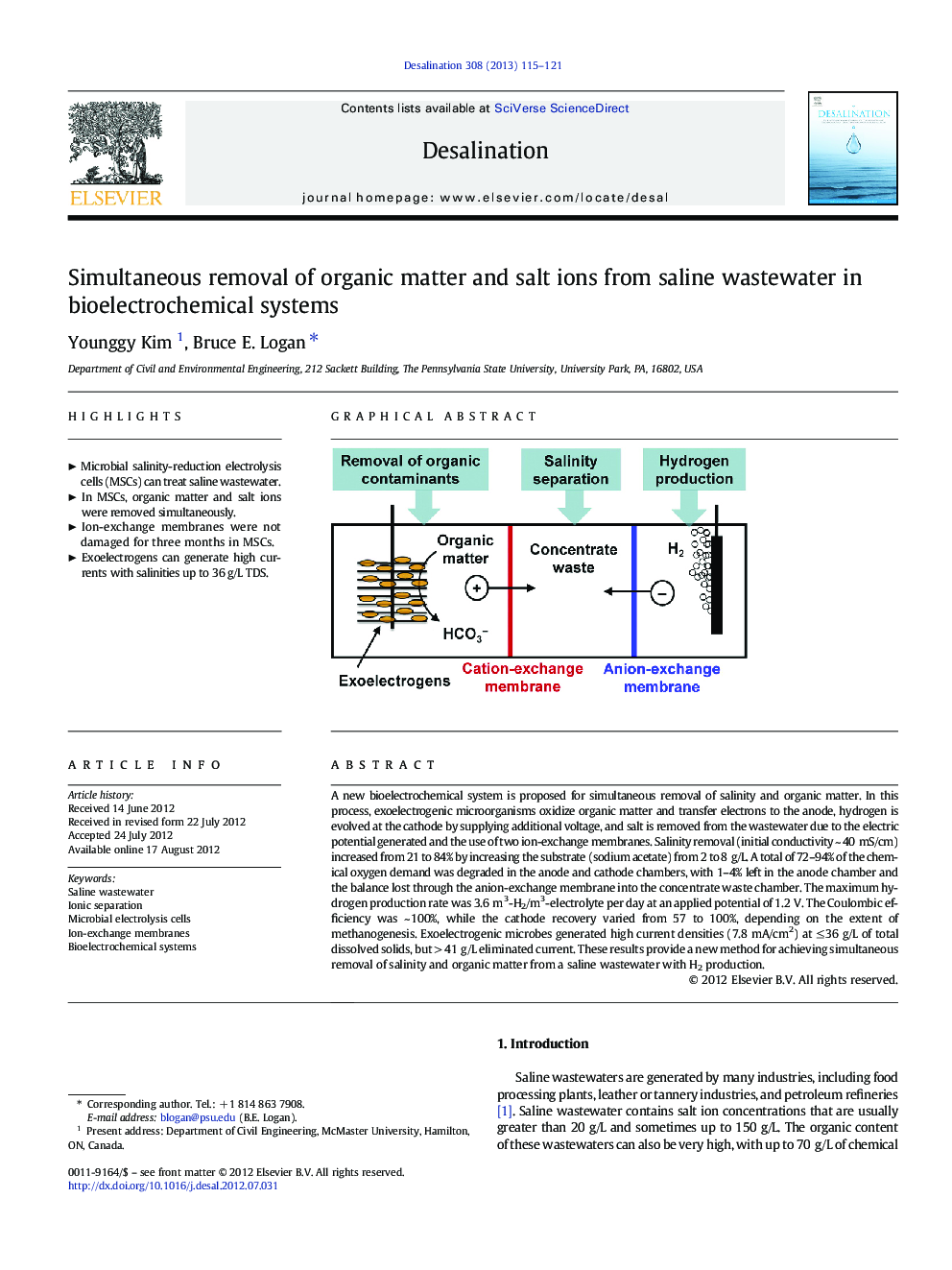 Simultaneous removal of organic matter and salt ions from saline wastewater in bioelectrochemical systems