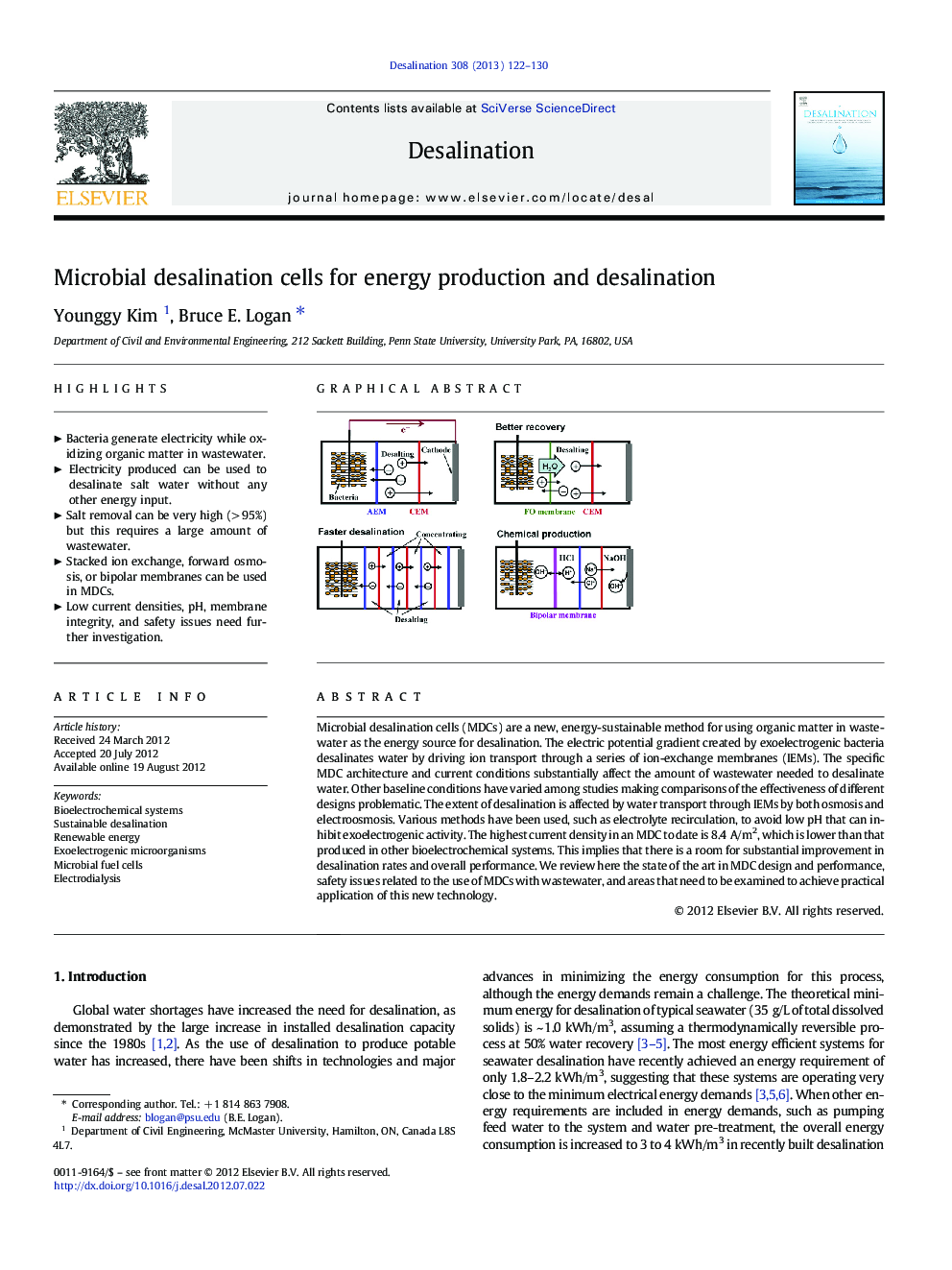 Microbial desalination cells for energy production and desalination