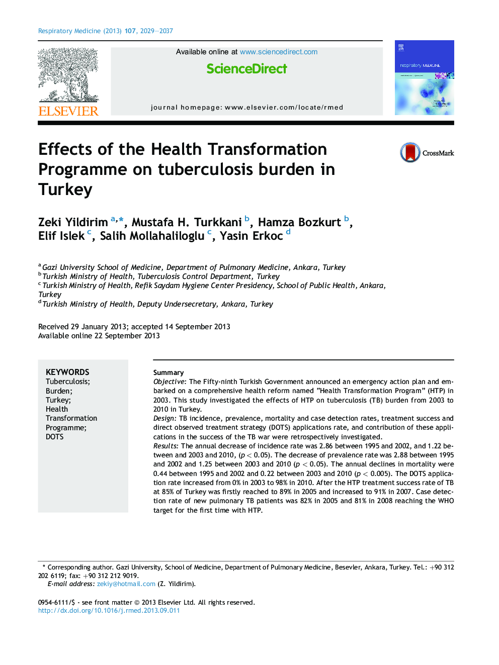 Effects of the Health Transformation Programme on tuberculosis burden in Turkey