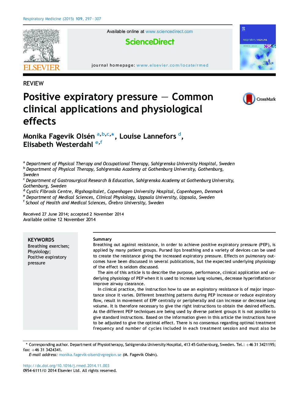 Positive expiratory pressure - Common clinical applications and physiological effects